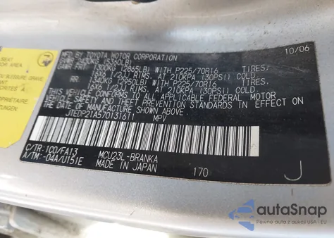 2007 Toyota Highlander V6 from USA, damaged, VIN JTEDP21A570131611